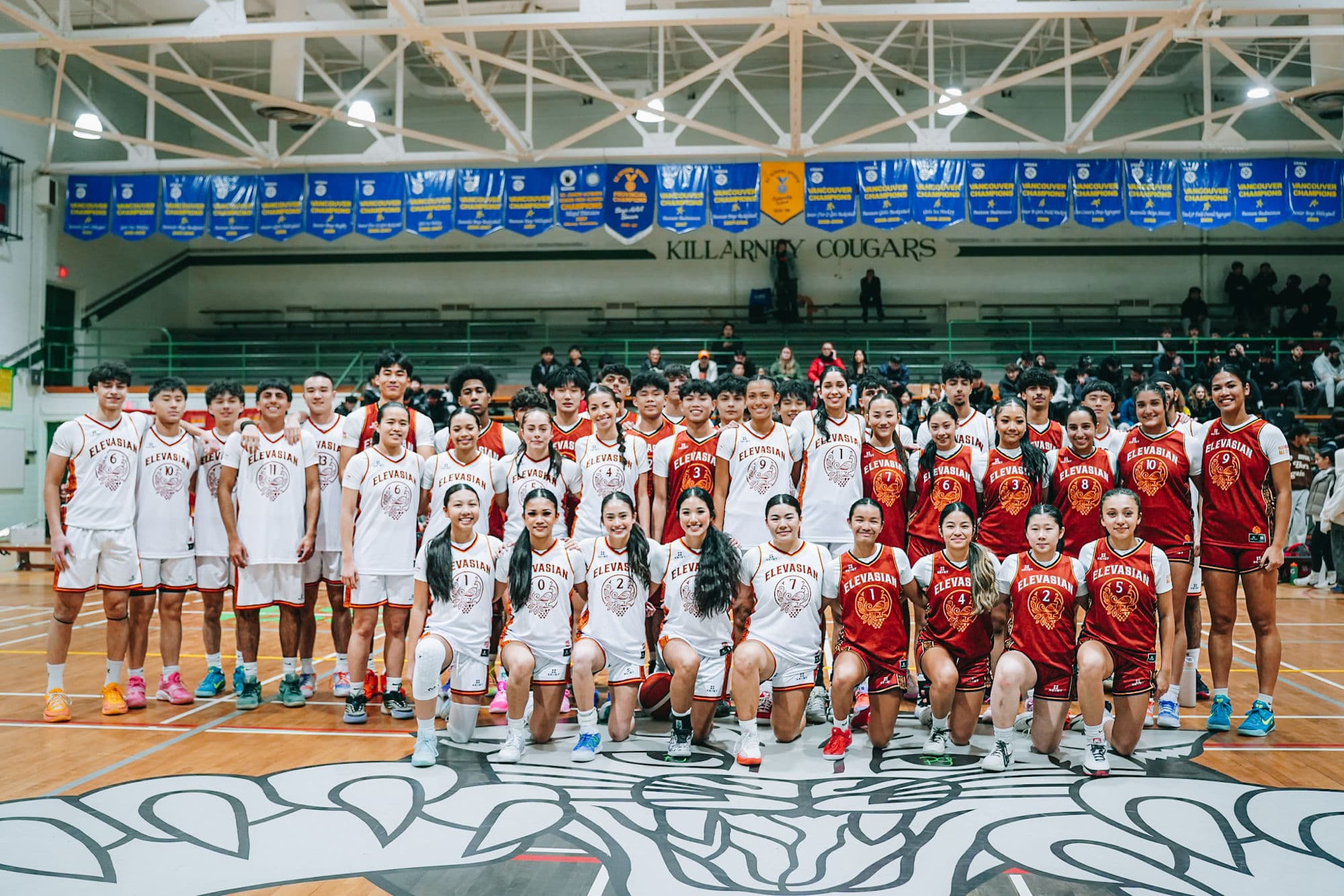 All 41 ElevAsian all-stars together on the court at Killarney Secondary